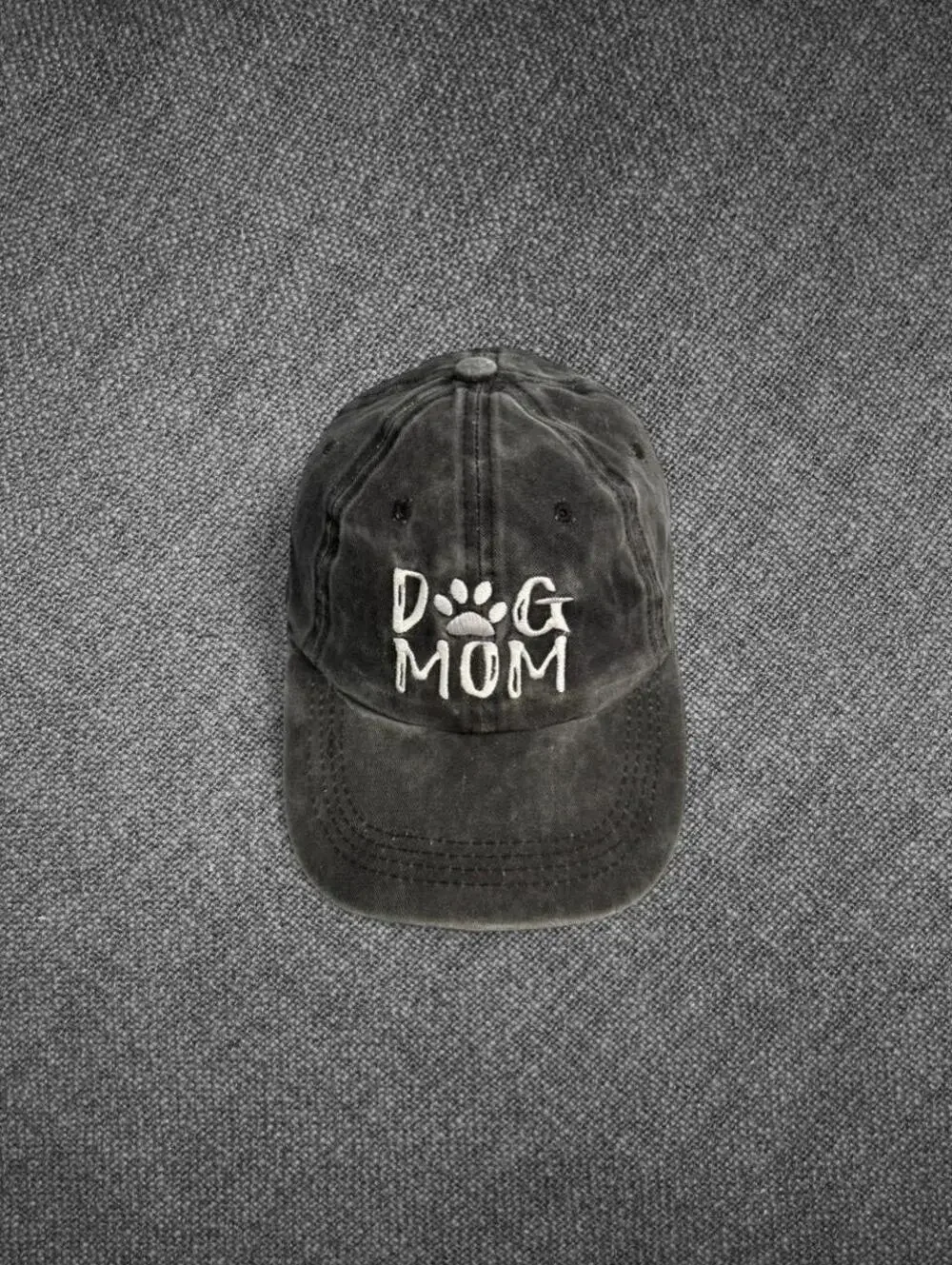 Dog Mom Distressed Black Cotton Baseball Cap